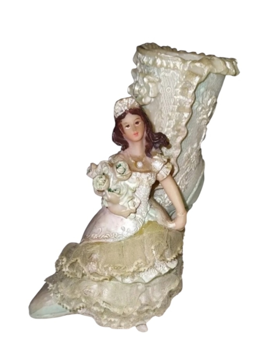 VINTAGE green figurine with princess in ball gown standing in front of granny...